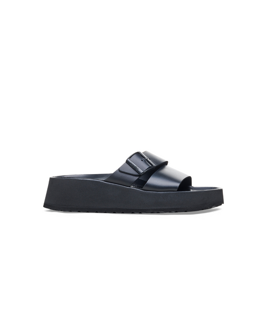 Papillio Almina Exquisite Smooth Leather Black Platform Wedge Sandals